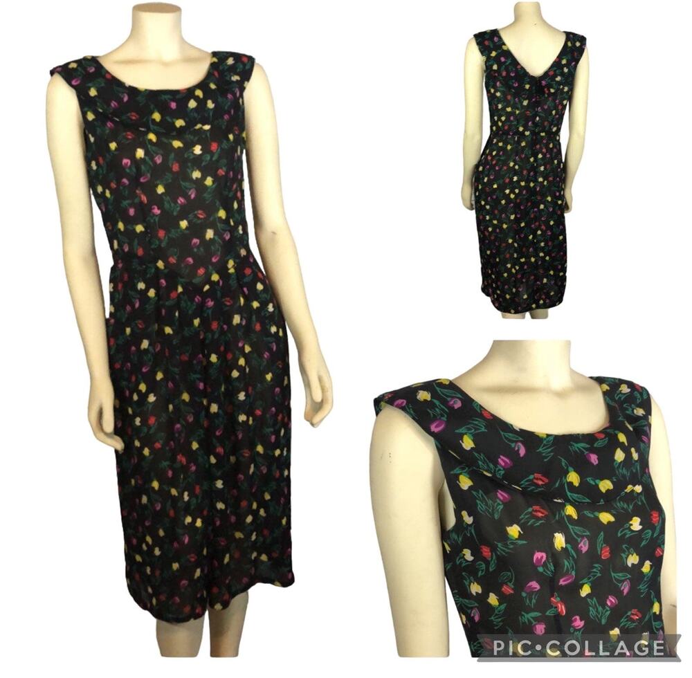 Vintage Y2K Floral black Sheer Sleeveless Dress with red & yellow tulips size 8